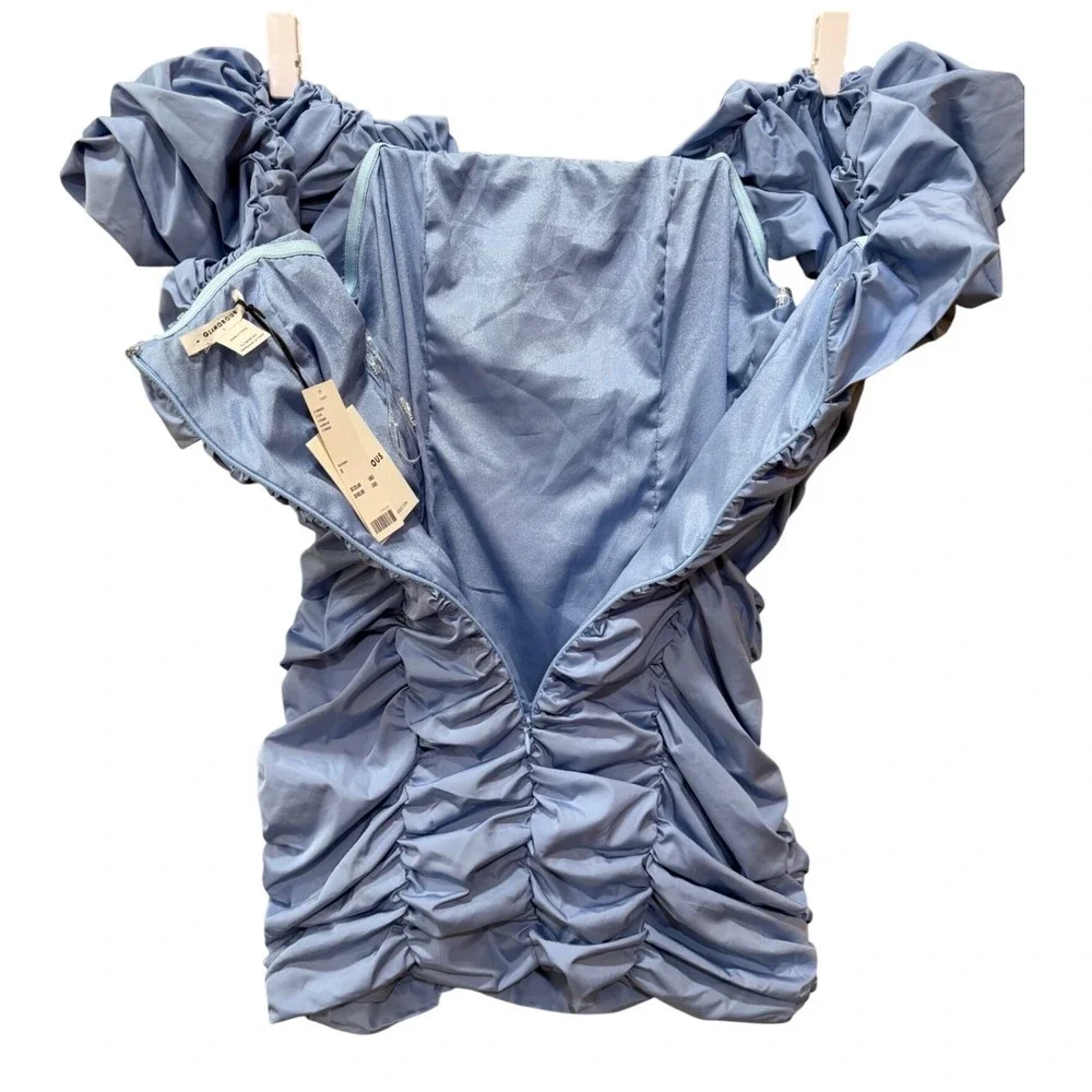 Glamorous NWT Urban Outfitters Blue Ruched Off Shoulder Puff Sleeve Mini Dress S